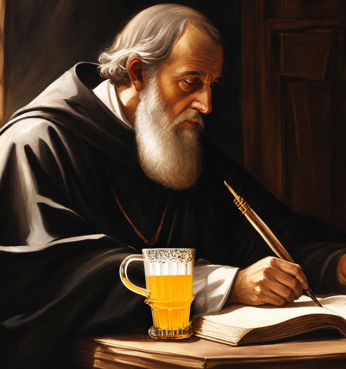 St. Bede writing beside a glass of beer
