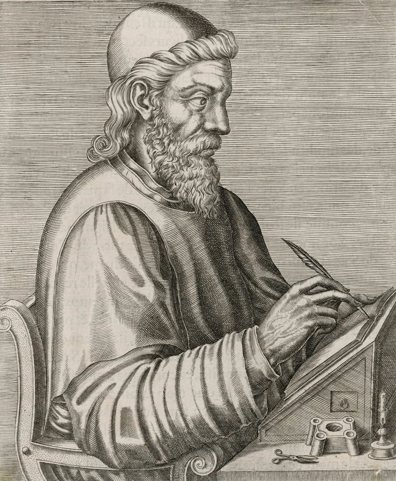 St. Bede writing with a quill at his desk